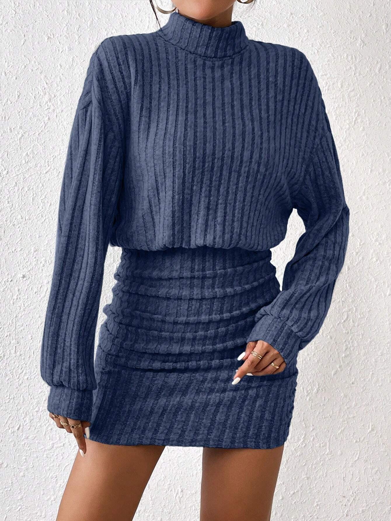 Chic Frenchy High Neck Ribbed Long Sleeve Sweater Dress - Textured Fabric Elegance