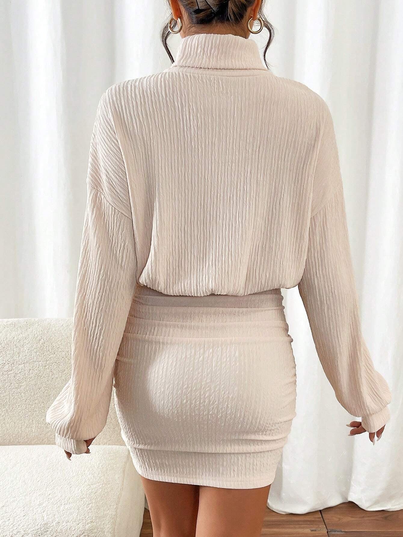 Chic Frenchy High Neck Ribbed Long Sleeve Sweater Dress - Textured Fabric Elegance