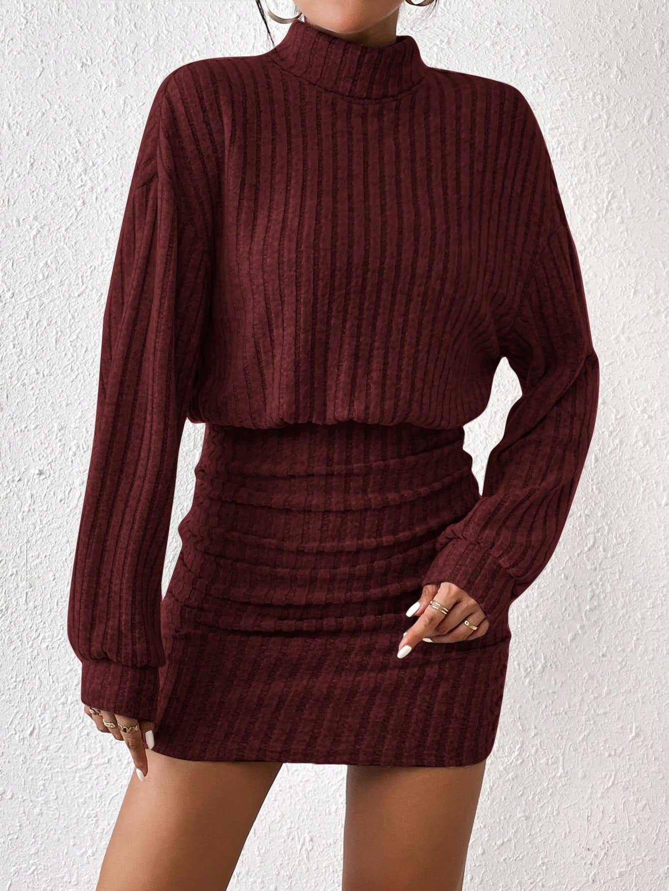 Chic Frenchy High Neck Ribbed Long Sleeve Sweater Dress - Textured Fabric Elegance