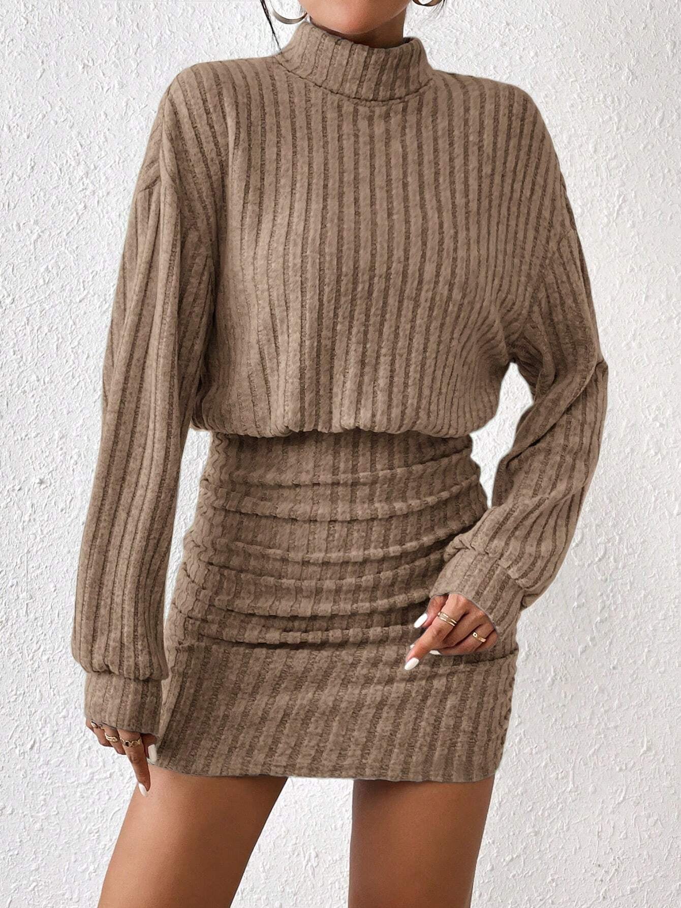 Chic Frenchy High Neck Ribbed Long Sleeve Sweater Dress - Textured Fabric Elegance