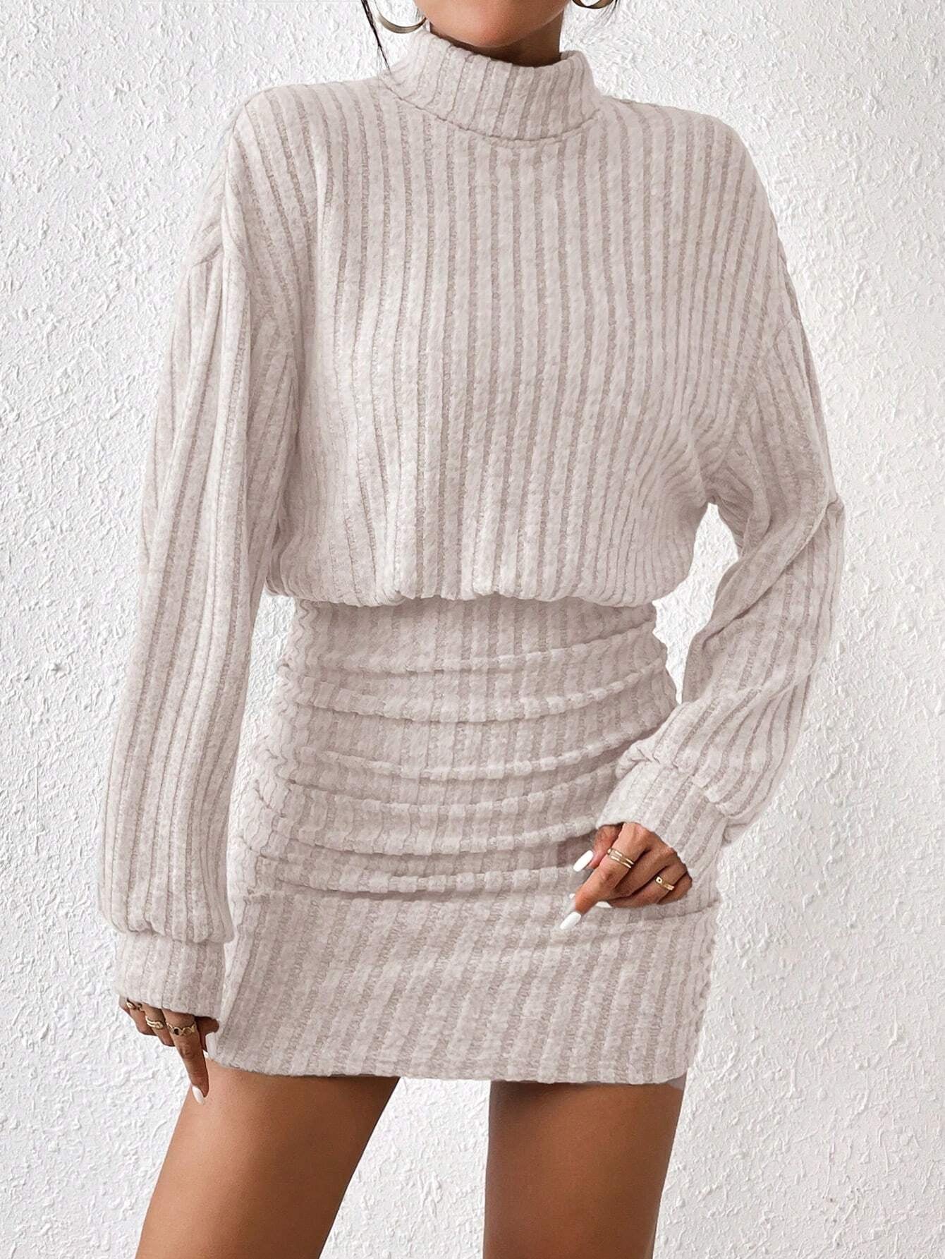 Chic Frenchy High Neck Ribbed Long Sleeve Sweater Dress - Textured Fabric Elegance