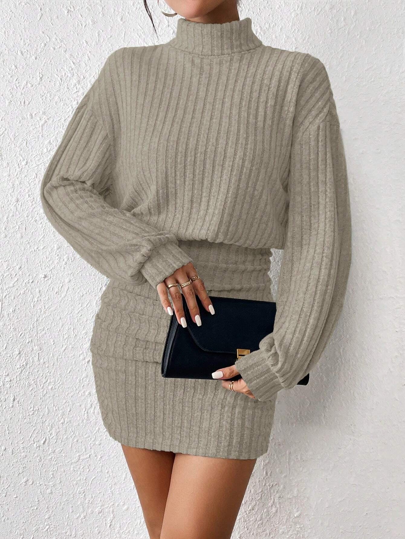 Chic Frenchy High Neck Ribbed Long Sleeve Sweater Dress - Textured Fabric Elegance