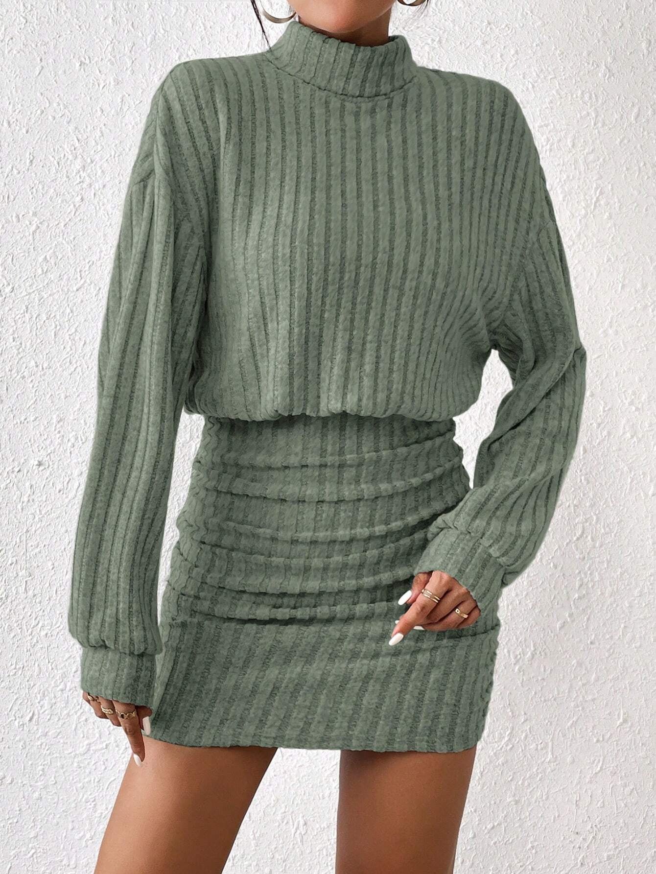 Chic Frenchy High Neck Ribbed Long Sleeve Sweater Dress - Textured Fabric Elegance