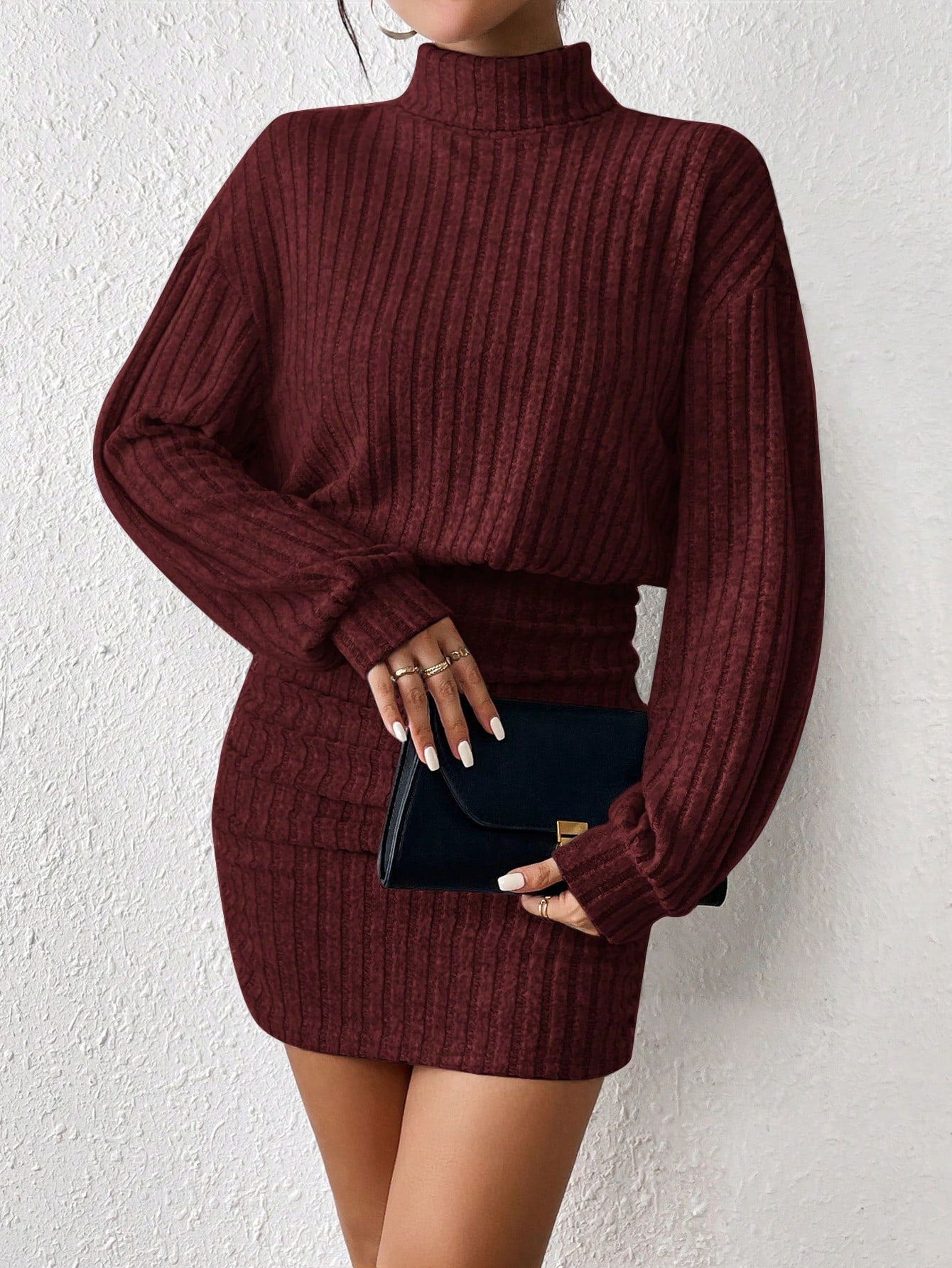 Chic Frenchy High Neck Ribbed Long Sleeve Sweater Dress - Textured Fabric Elegance