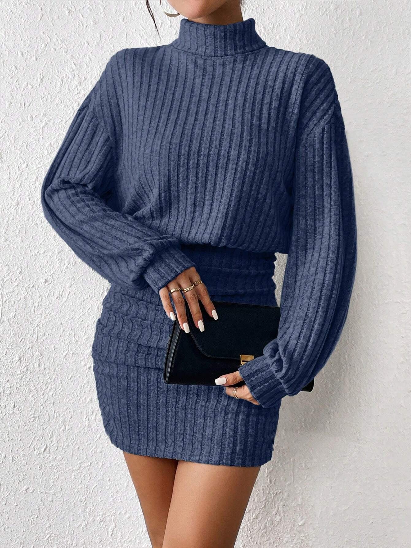 Chic Frenchy High Neck Ribbed Long Sleeve Sweater Dress - Textured Fabric Elegance