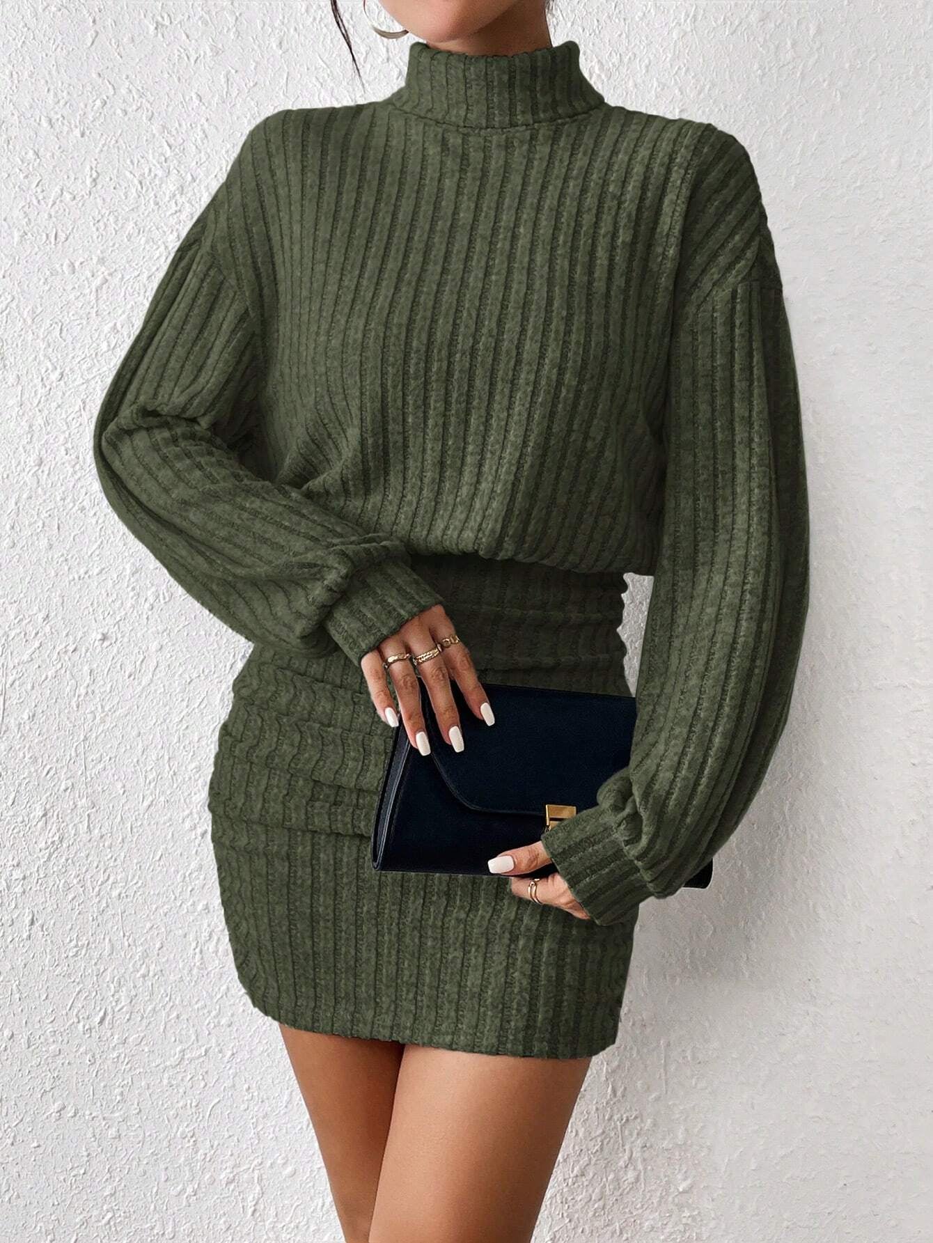 Chic Frenchy High Neck Ribbed Long Sleeve Sweater Dress - Textured Fabric Elegance