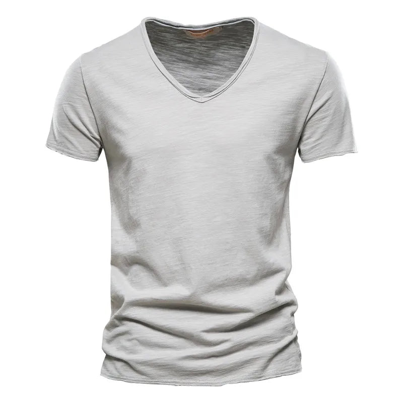 Brand Quality 100% Cotton Men T-Shirt V-Neck Fashion Design Slim Fit Soild T-Shirts Male Tops Tees Short Sleeve T Shirt for Men