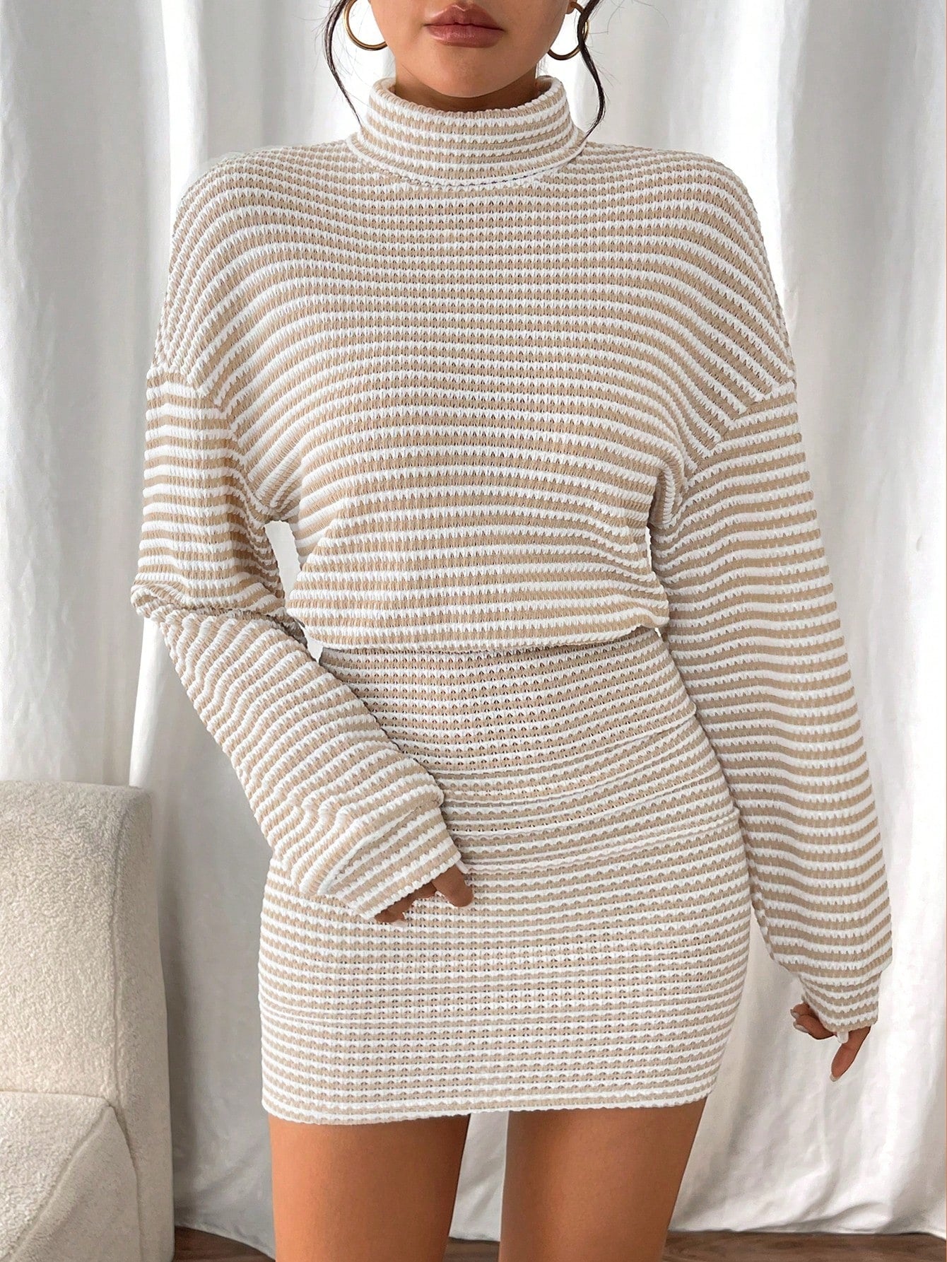 Chic Frenchy High Neck Ribbed Long Sleeve Sweater Dress - Textured Fabric Elegance