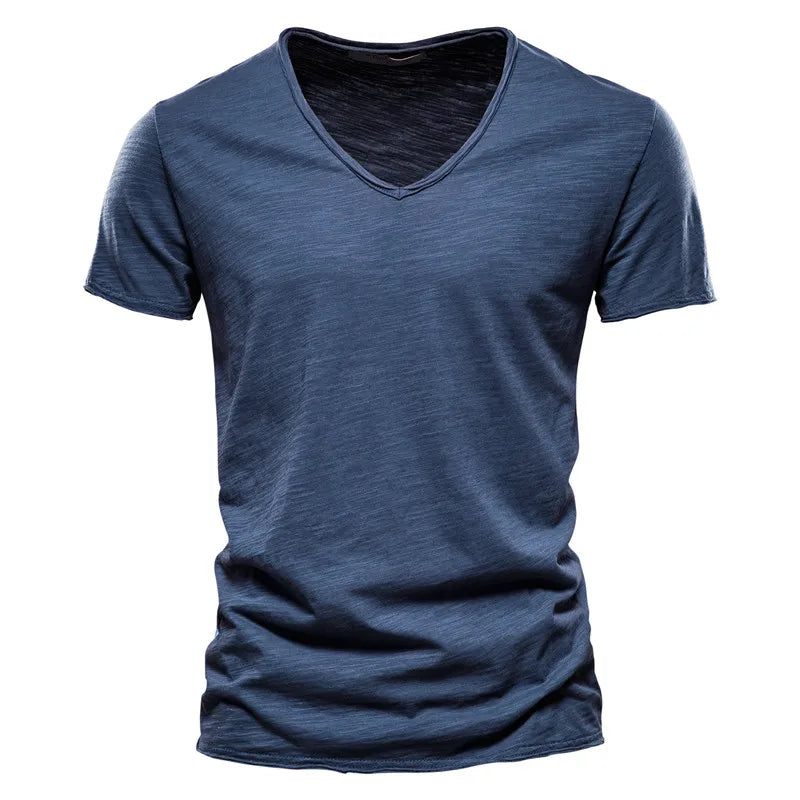 Brand Quality 100% Cotton Men T-Shirt V-Neck Fashion Design Slim Fit Soild T-Shirts Male Tops Tees Short Sleeve T Shirt for Men