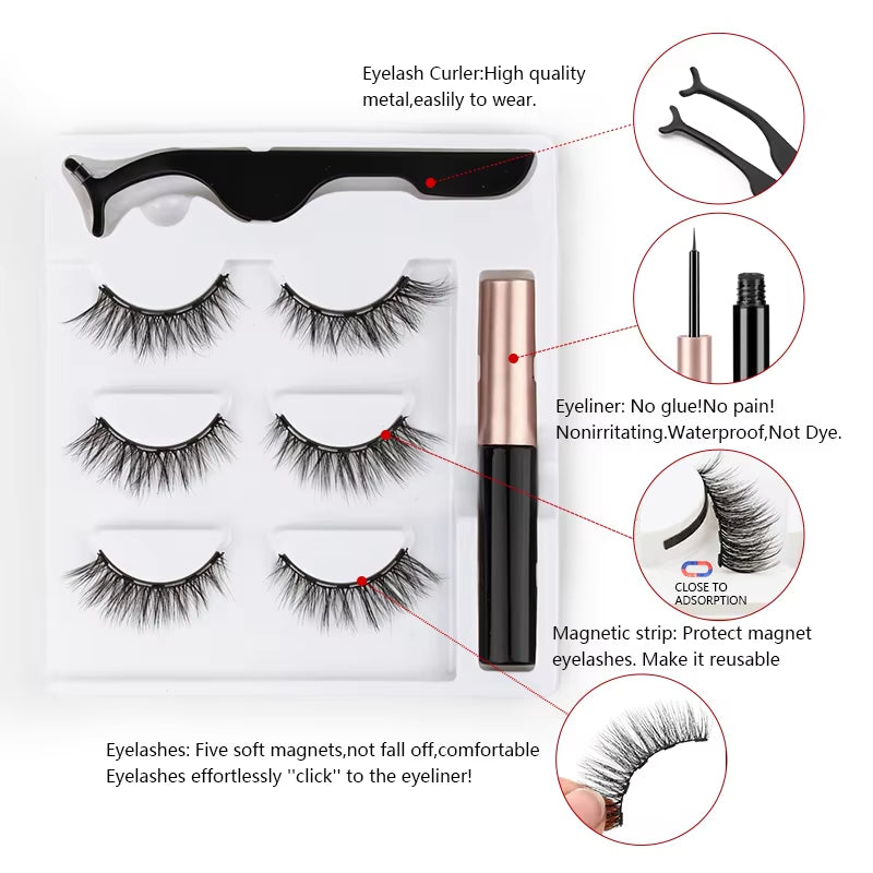 Magnetic 3D Mink Eyelashes with Long-Lasting Eyeliner - Handmade Short False Lash Makeup Tools