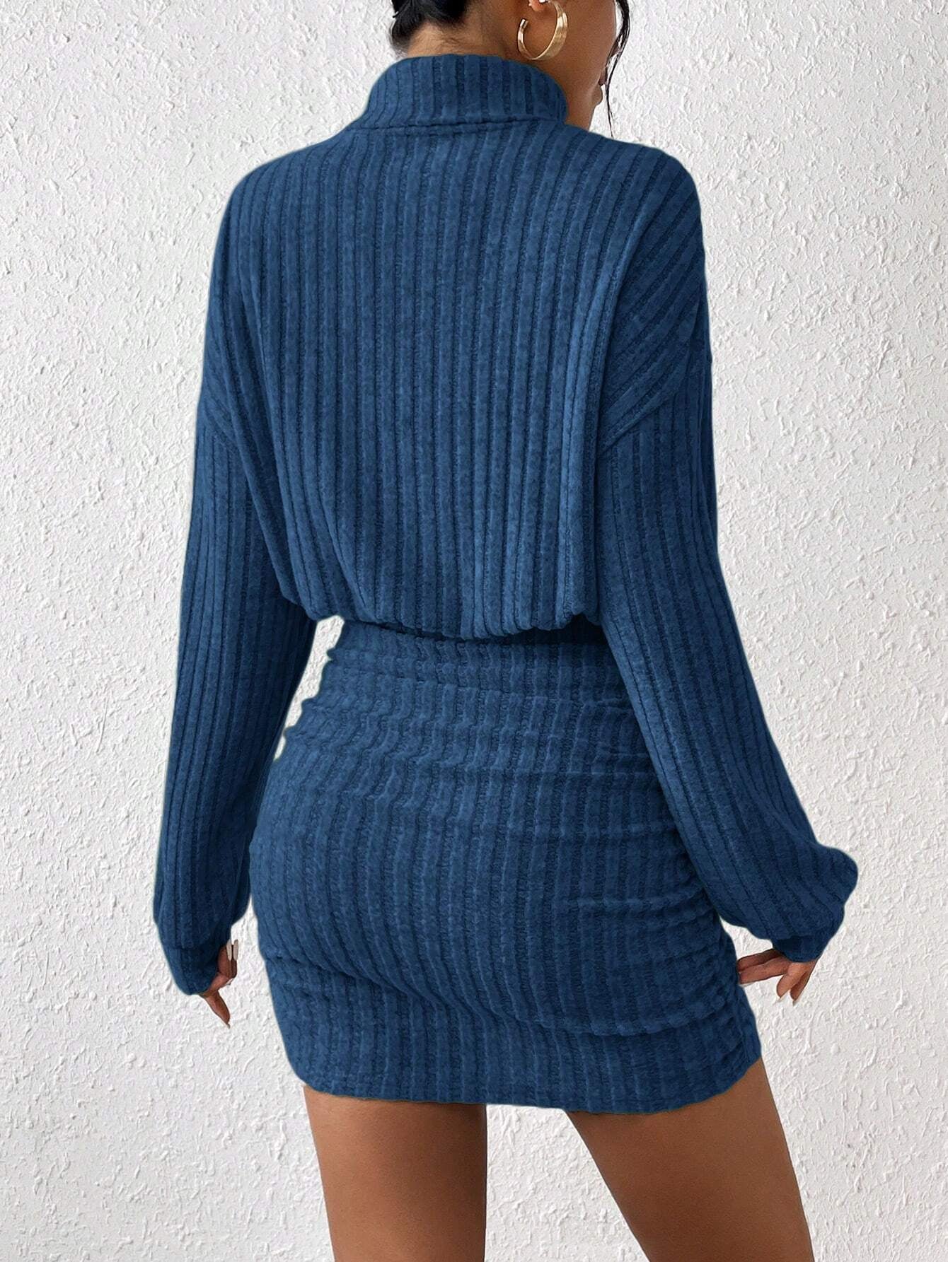 Chic Frenchy High Neck Ribbed Long Sleeve Sweater Dress - Textured Fabric Elegance