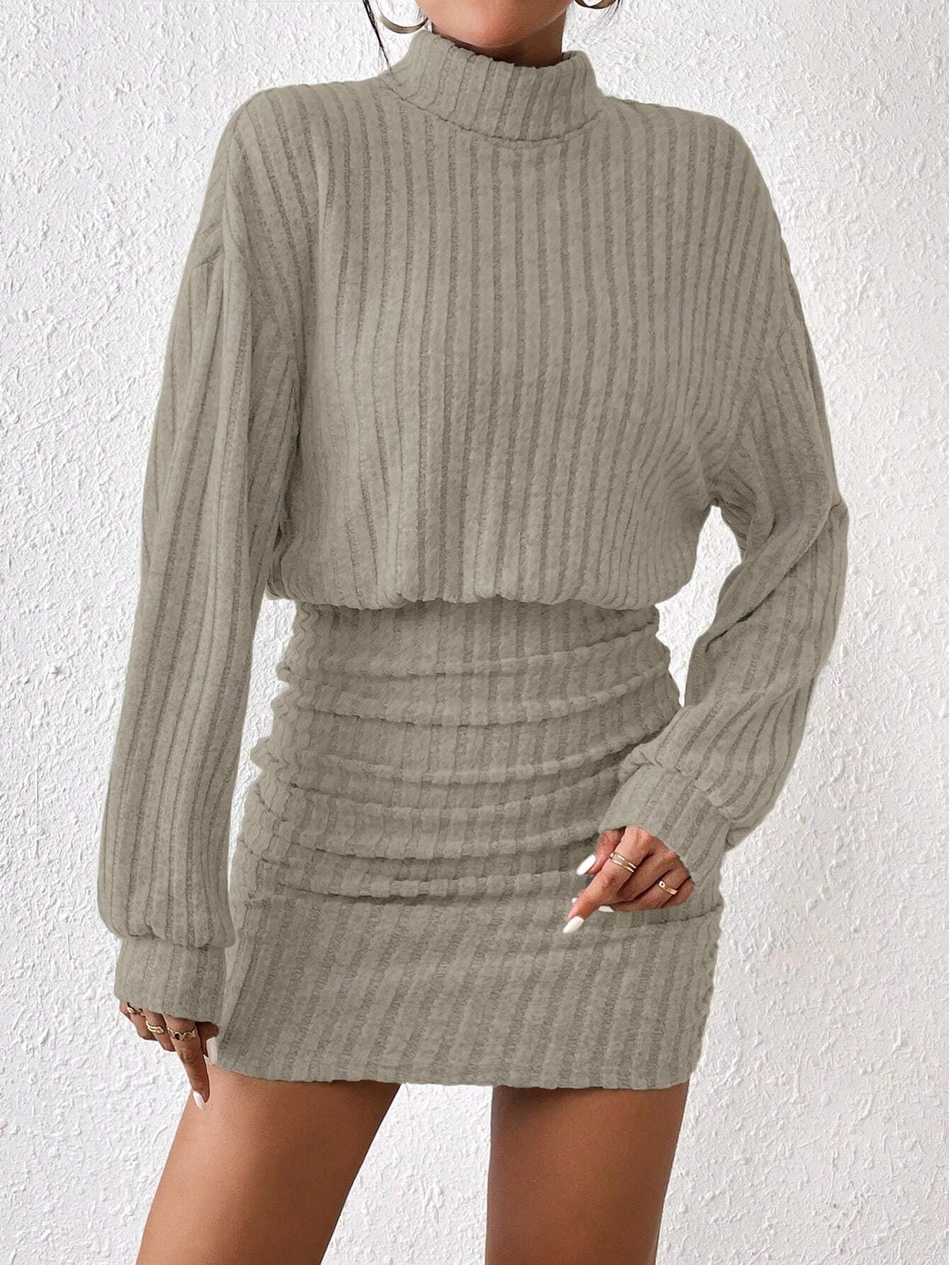 Chic Frenchy High Neck Ribbed Long Sleeve Sweater Dress - Textured Fabric Elegance