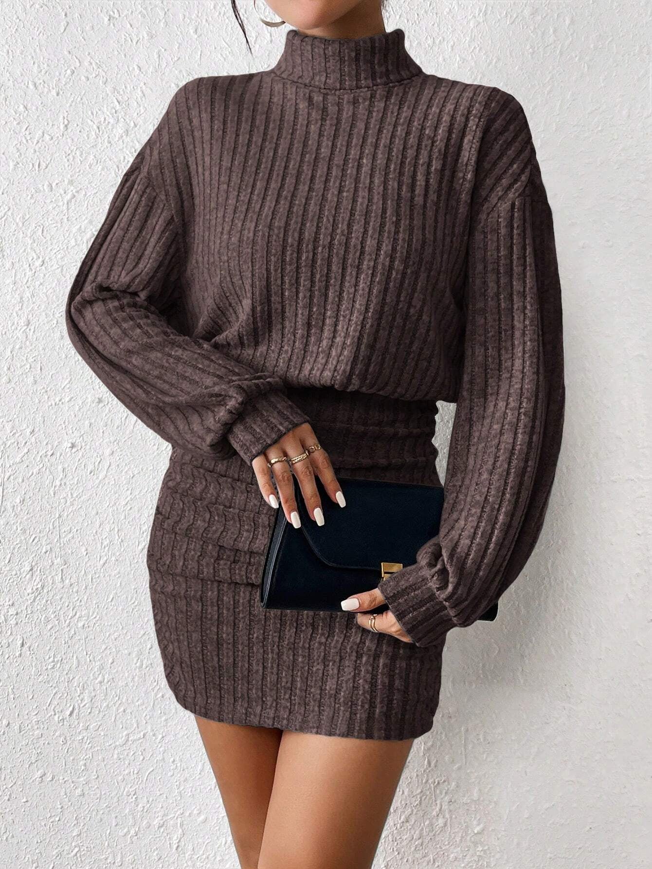 Chic Frenchy High Neck Ribbed Long Sleeve Sweater Dress - Textured Fabric Elegance