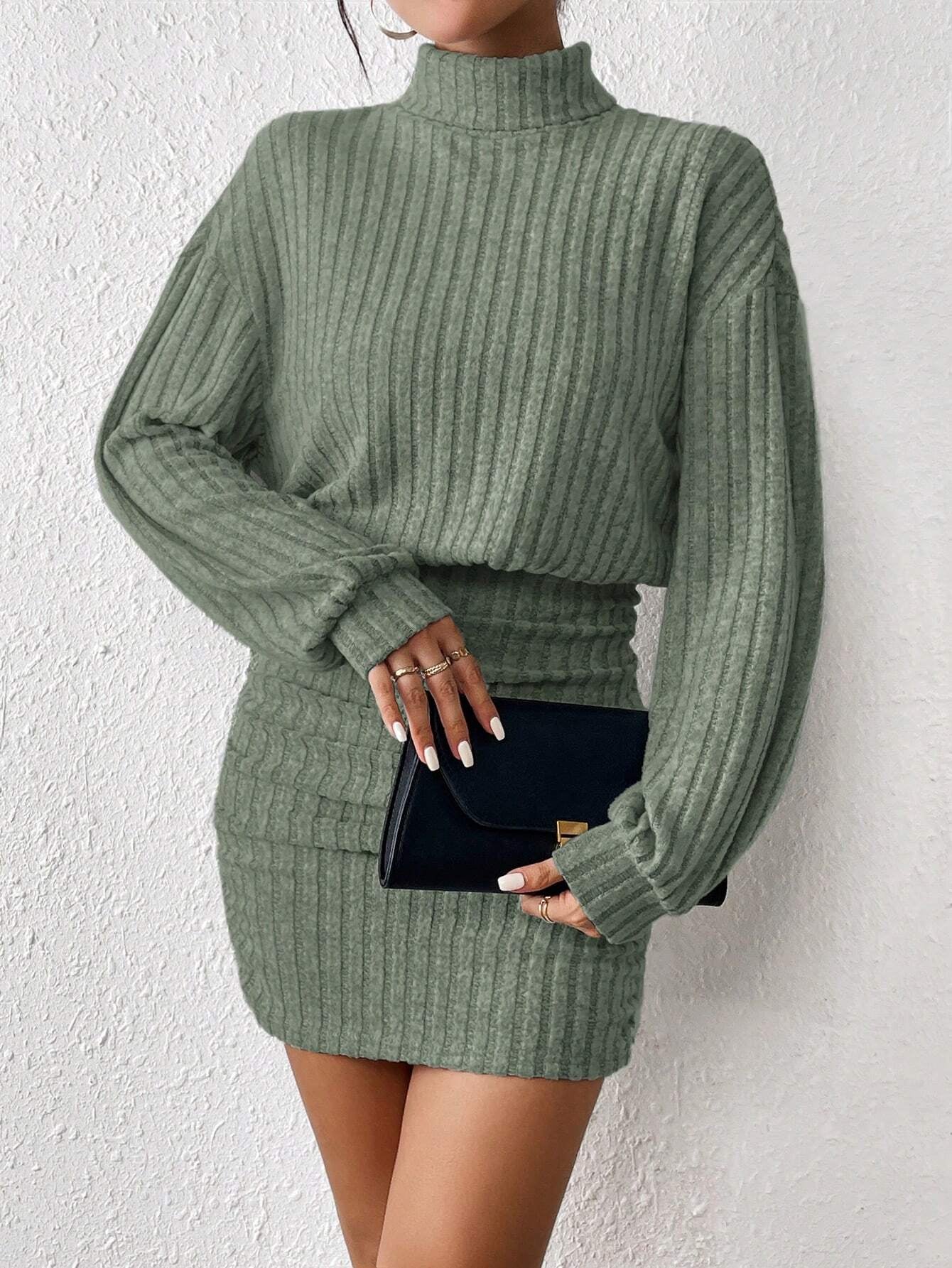 Chic Frenchy High Neck Ribbed Long Sleeve Sweater Dress - Textured Fabric Elegance