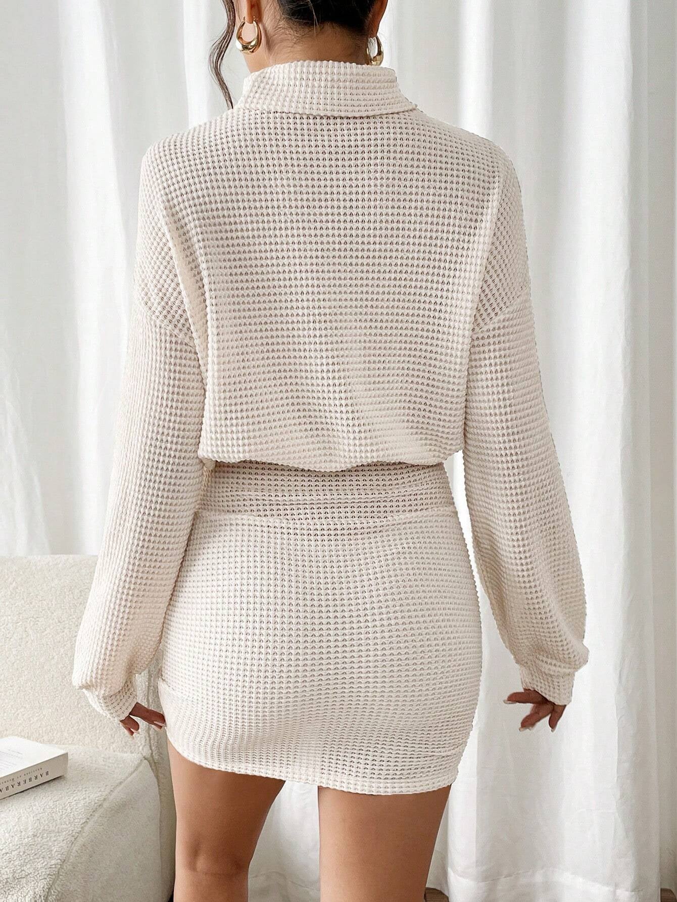 Chic Frenchy High Neck Ribbed Long Sleeve Sweater Dress - Textured Fabric Elegance