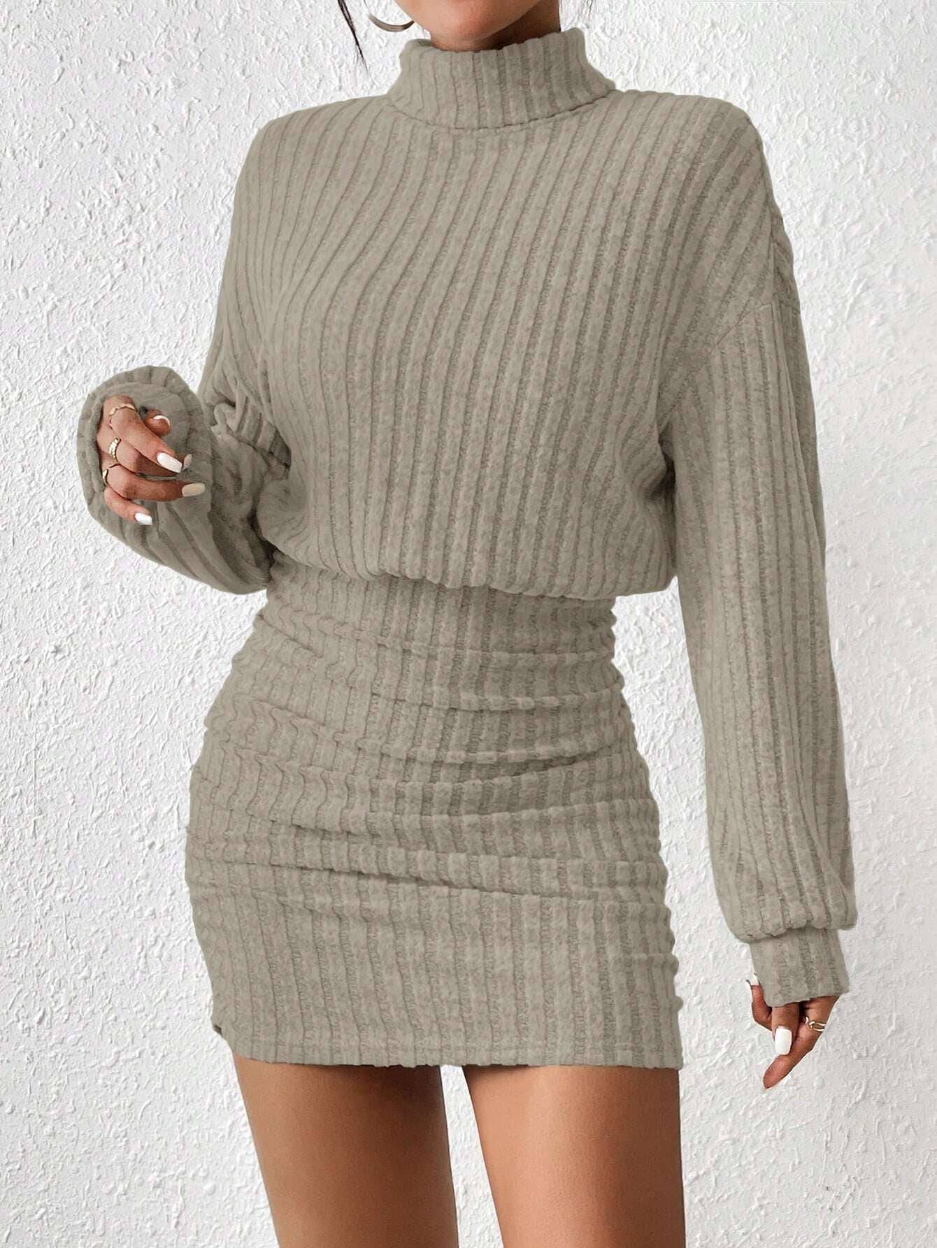 Chic Frenchy High Neck Ribbed Long Sleeve Sweater Dress - Textured Fabric Elegance