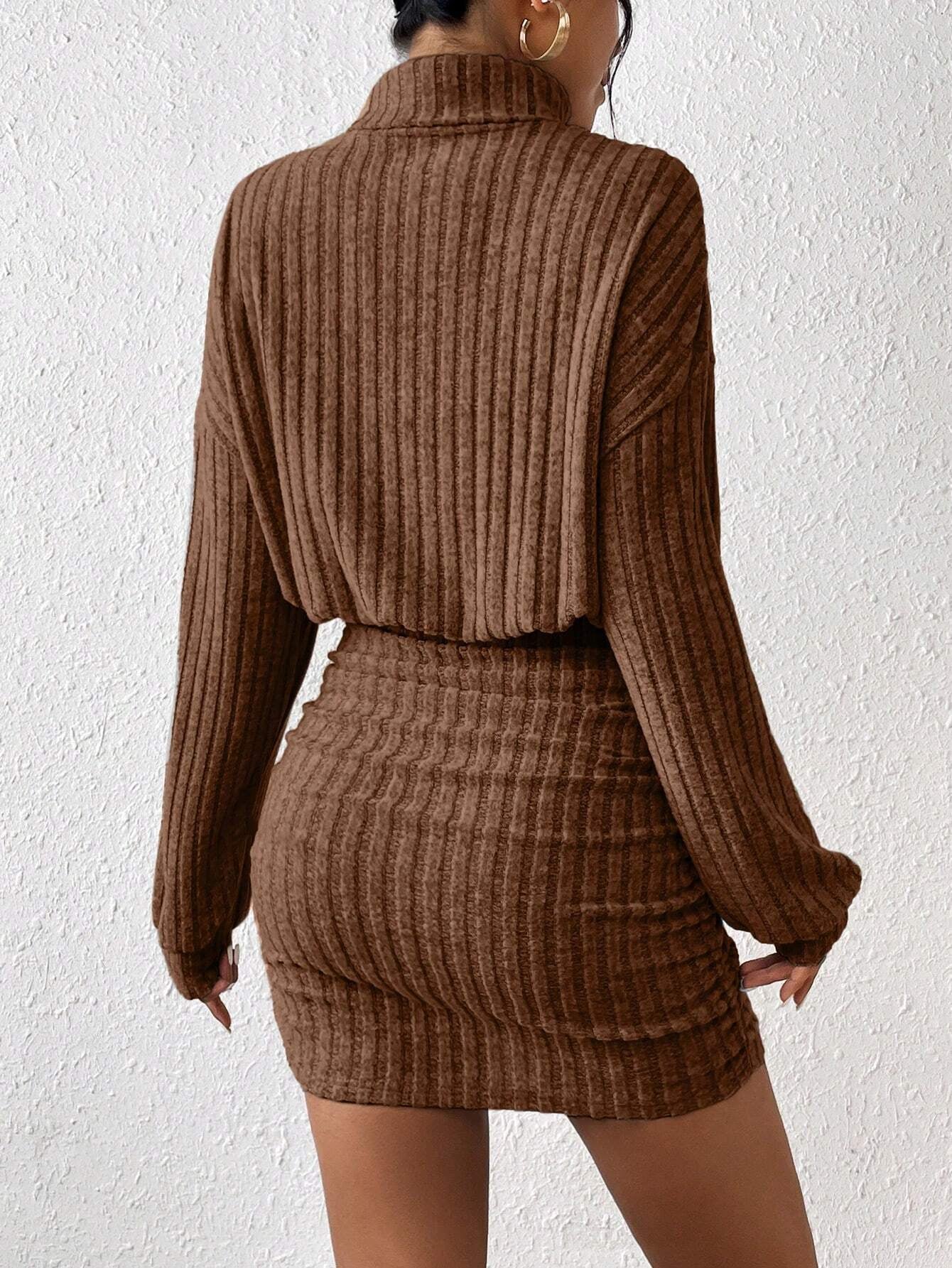 Chic Frenchy High Neck Ribbed Long Sleeve Sweater Dress - Textured Fabric Elegance