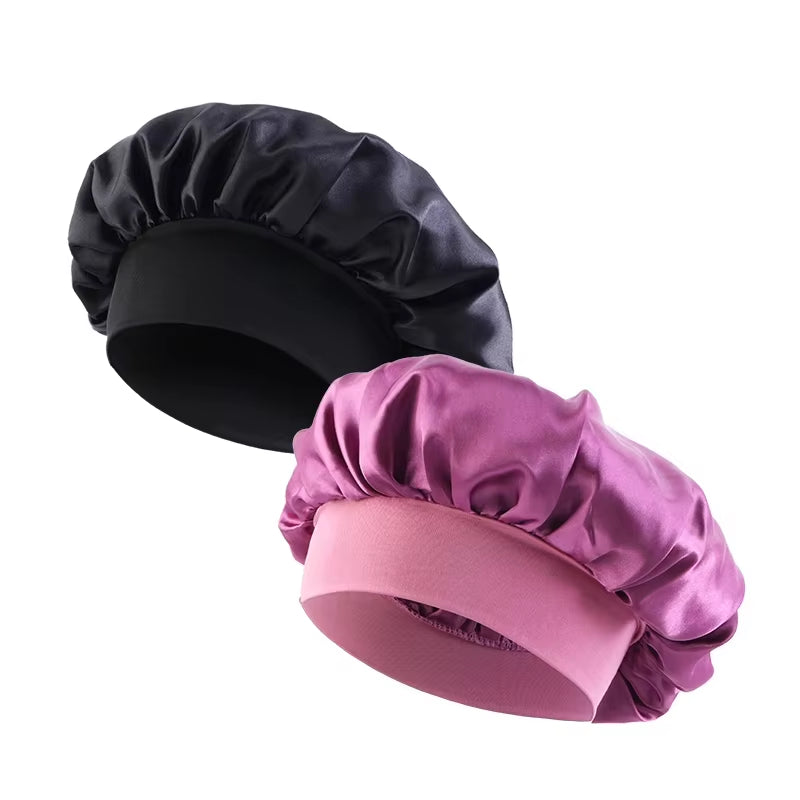 New Women'S Satin Solid Wide-Brimmed Sleeping Hat Unisex Head Wrap Elastic Band Cap Hair Care Bonnet Night Hat Bonnet De Nuit