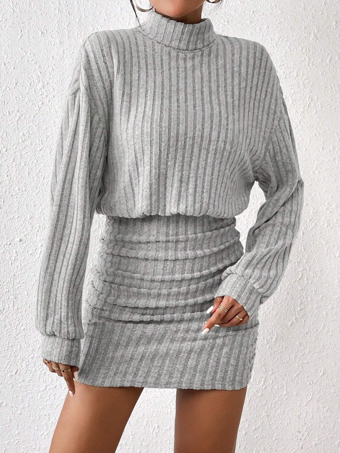 Chic Frenchy High Neck Ribbed Long Sleeve Sweater Dress - Textured Fabric Elegance